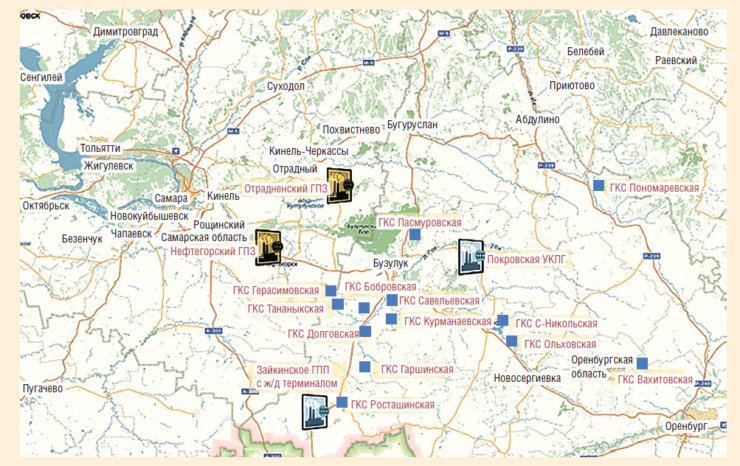 Рис. 1. Карта размещения площадных объектов подготовки и переработки газа