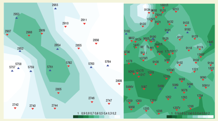 Рис. 2. Карта распределения комплексного параметра Fco на участке №3 (слева) и участке №4 (справа) объекта АВ1 2 Ватьеганского м/р