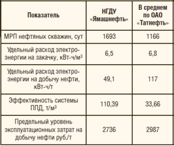 Таблица 1. Показатели работы скважин НГДУ «Ямашнефть» и ОАО «Татнефть» и затраты на добычу