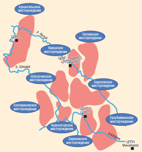 Рис. 1. Схема расположения нефтяных месторождений НГДУ «Ямашнефть»