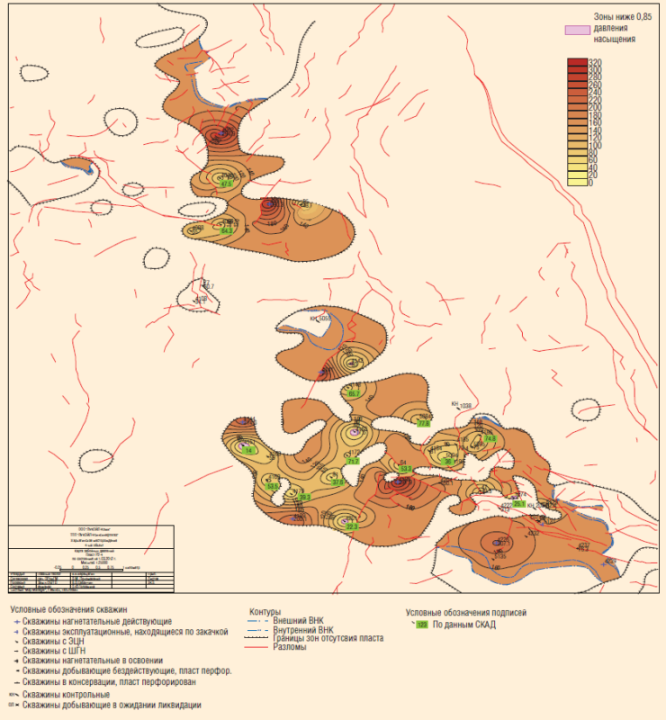 Рис. 3. Карта оперативных забойных давлений по пласту P2-4 Харьягинского месторождения