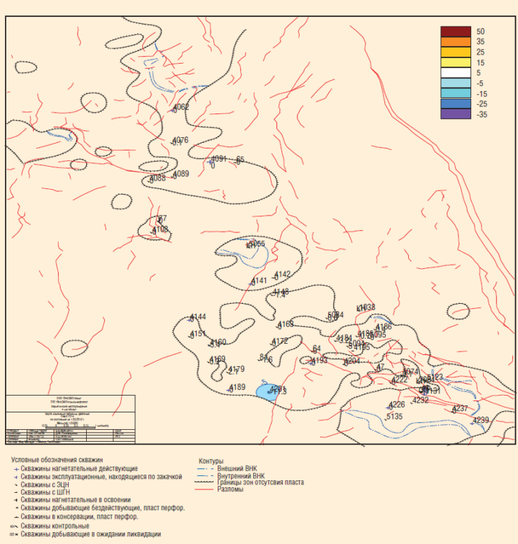 Рис. 4. Карта изменения оперативных забойных давлений по пласту P2-4 Харьягинского месторождения