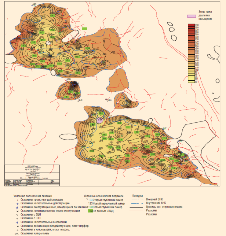 Рис. 5. Карта оперативных пластовых давлений по пласту Р2-3 Харьягинского месторождения