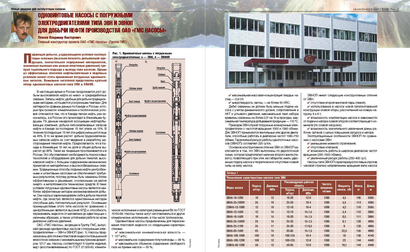 Одновинтовые насосы с погружными электродвигателями типа ЭВН и ЭВНОП для  добычи нефти производства ОАО «ГМС НАСОСЫ» - Инженерная практика